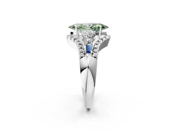 Platinum Three-Stone Fancy Green Marquise Cut Diamond Engagement Ring with Pave Band and Prong Setting