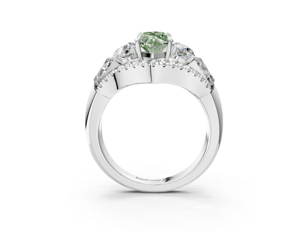 Platinum Three-Stone Fancy Green Marquise Cut Diamond Engagement Ring with Pave Band and Prong Setting
