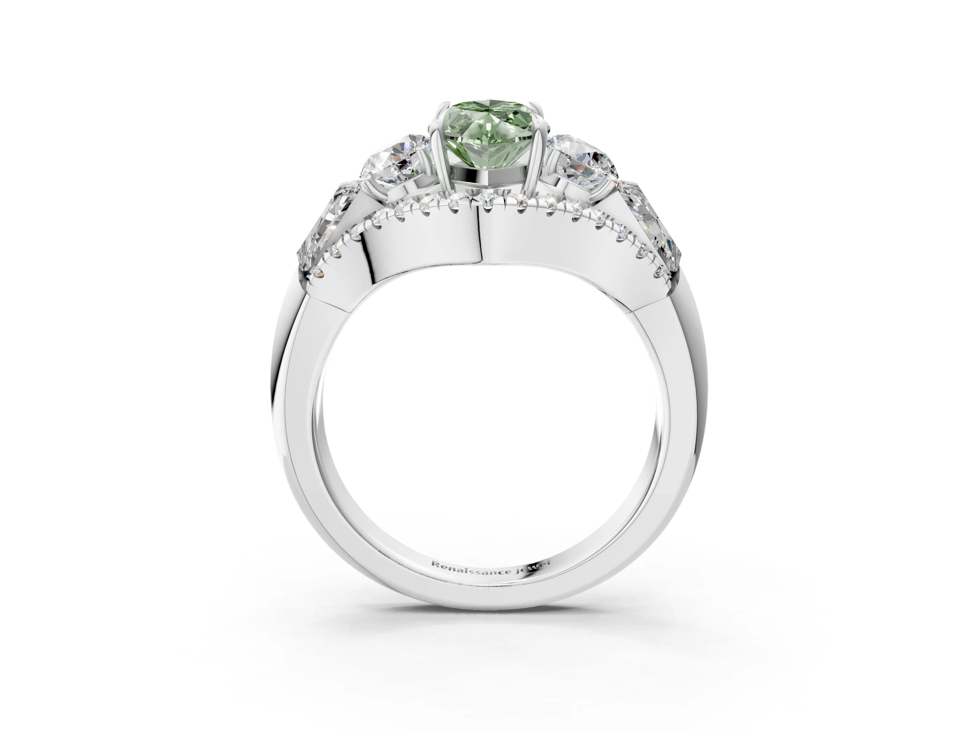 White gold Three-Stone Fancy Green Marquise Cut Diamond Engagement Ring with Pave Band and Prong Setting_15