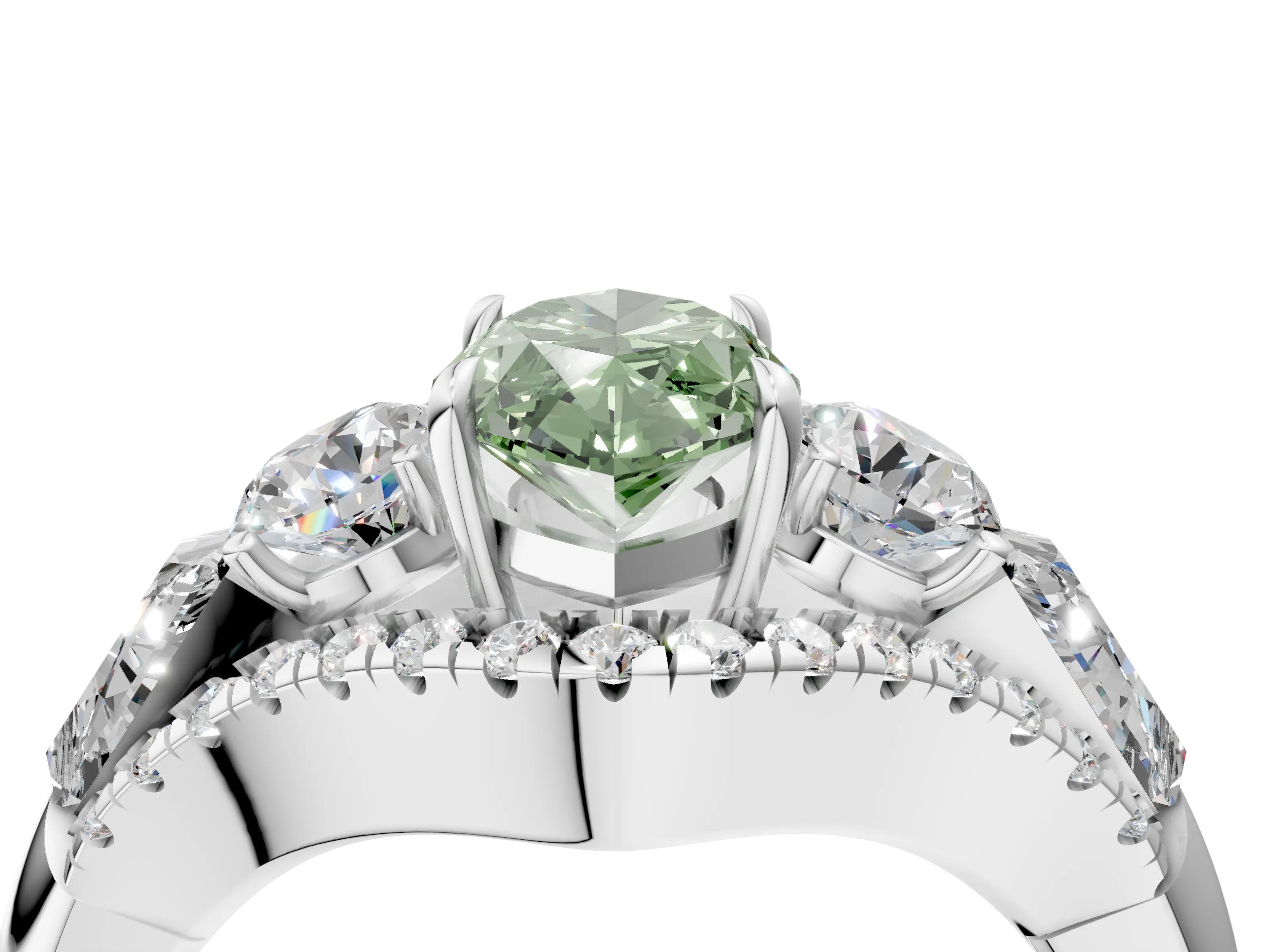 White gold Three-Stone Fancy Green Marquise Cut Diamond Engagement Ring with Pave Band and Prong Setting_16