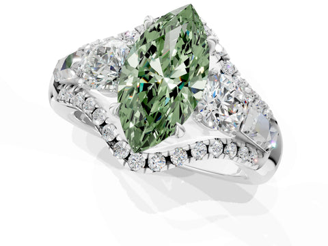 White gold Three-Stone Fancy Green Marquise Cut Diamond Engagement Ring with Pave Band and Prong Setting_1