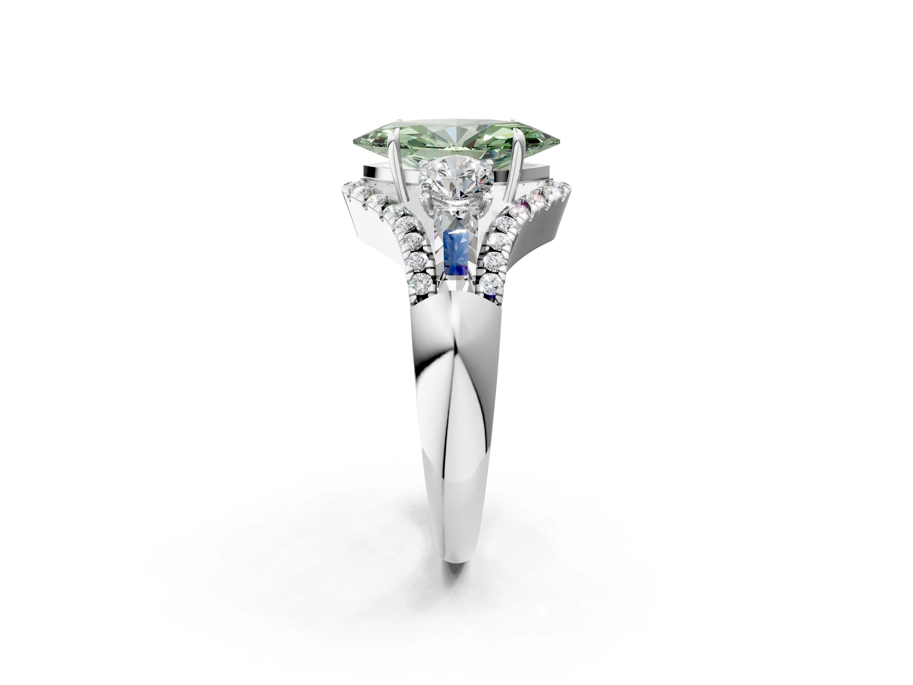 White gold Three-Stone Fancy Green Marquise Cut Diamond Engagement Ring with Pave Band and Prong Setting_2