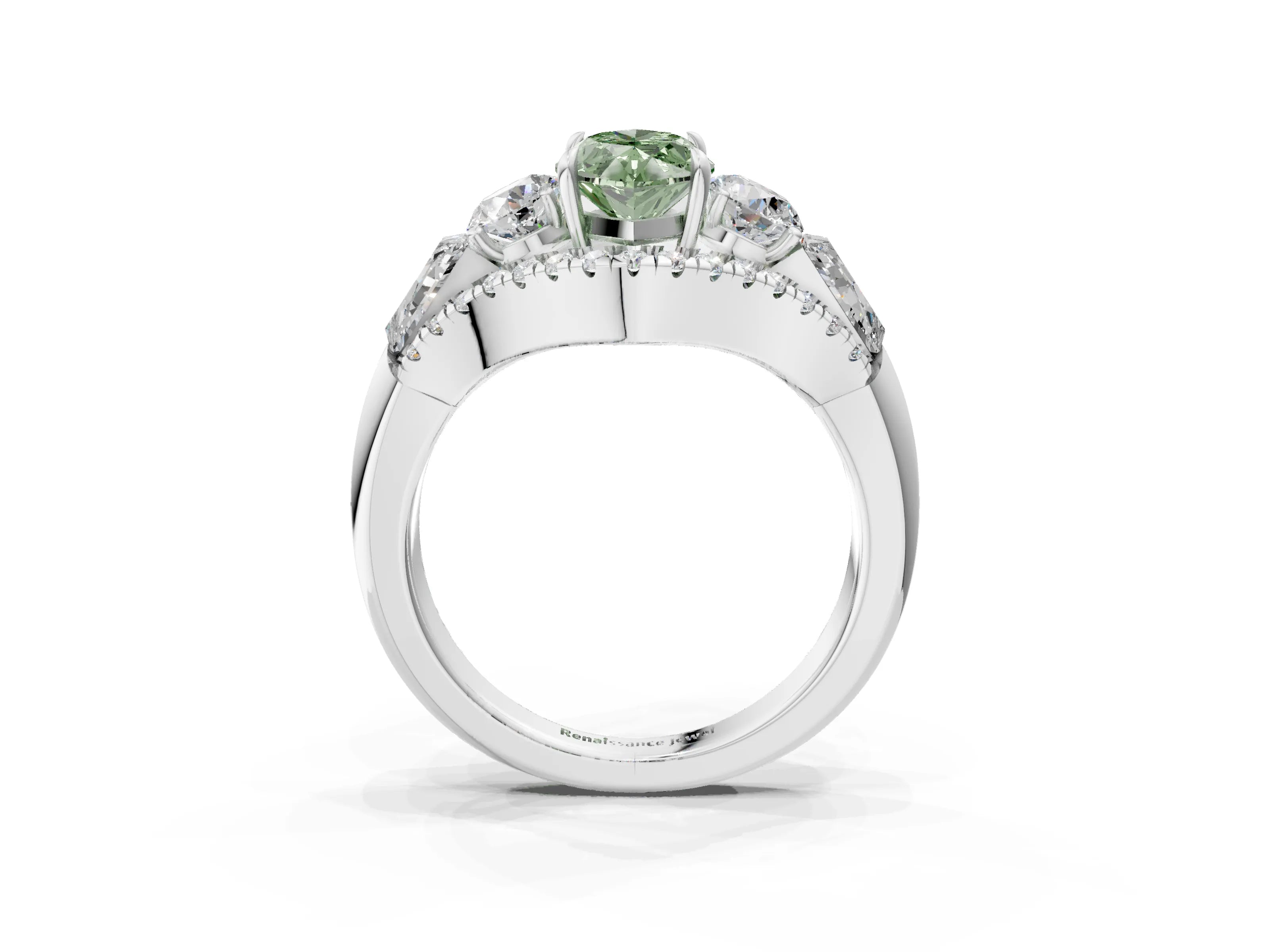 White gold Three-Stone Fancy Green Marquise Cut Diamond Engagement Ring with Pave Band and Prong Setting_3