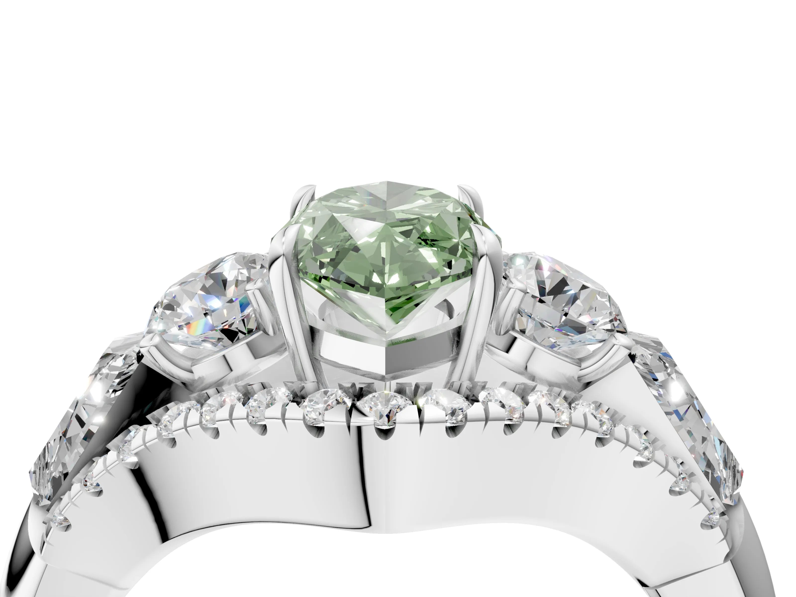 White gold Three-Stone Fancy Green Marquise Cut Diamond Engagement Ring with Pave Band and Prong Setting_4