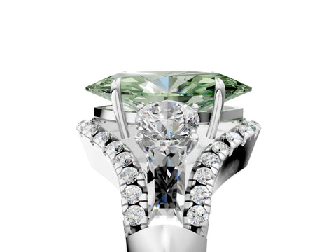 White gold Three-Stone Fancy Green Marquise Cut Diamond Engagement Ring with Pave Band and Prong Setting_5