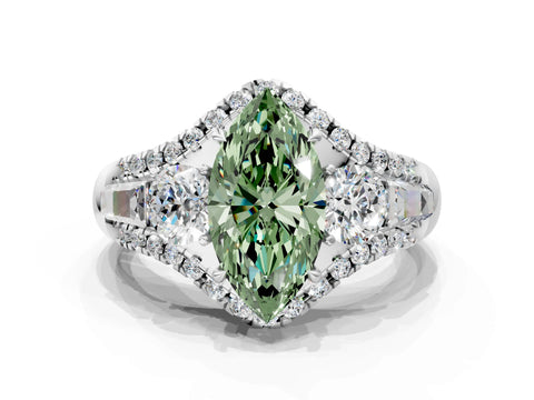 White gold Three-Stone Fancy Green Marquise Cut Diamond Engagement Ring with Pave Band and Prong Setting