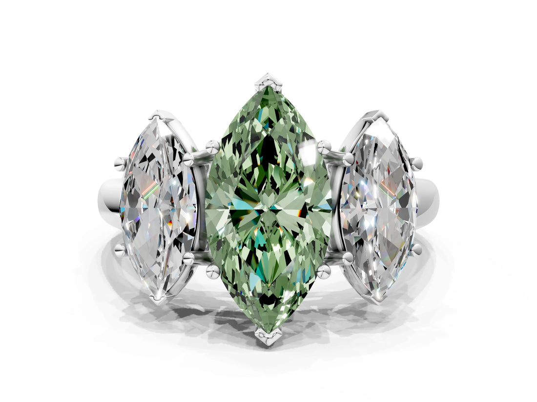 White gold Three-Stone Fancy Green Marquise Cut Diamond Engagement Ring with Prong Setting_15