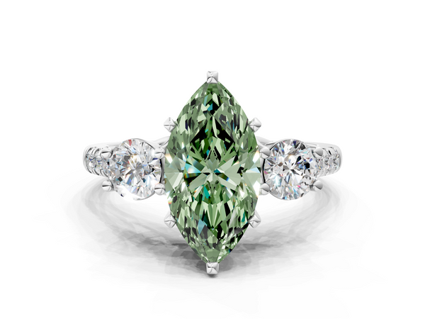 Platinum Three-Stone Fancy Green Marquise Cut Diamond Pavé Band with Four-Prong Setting