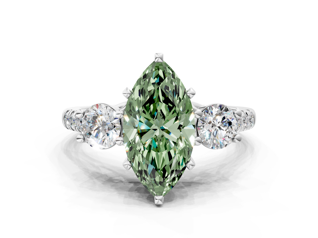White gold Three-Stone Fancy Green Marquise  Cut Diamond Pavé Band with Four-Prong Setting_28