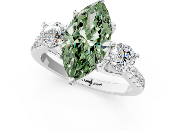 Platinum Three-Stone Fancy Green Marquise Cut Diamond Pavé Band with Four-Prong Setting