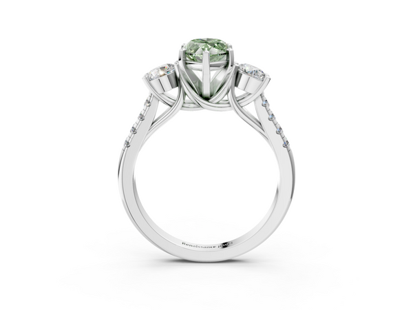 Platinum Three-Stone Fancy Green Marquise Cut Diamond Pavé Band with Four-Prong Setting