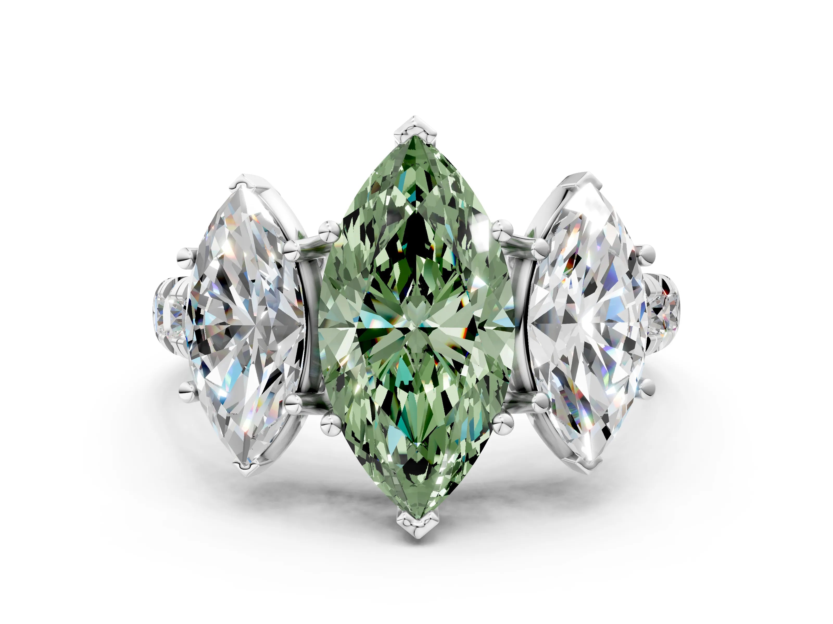 White gold Three-Stone Fancy Green Marquise Cut Diamond Pavé Band with Prong Setting_12