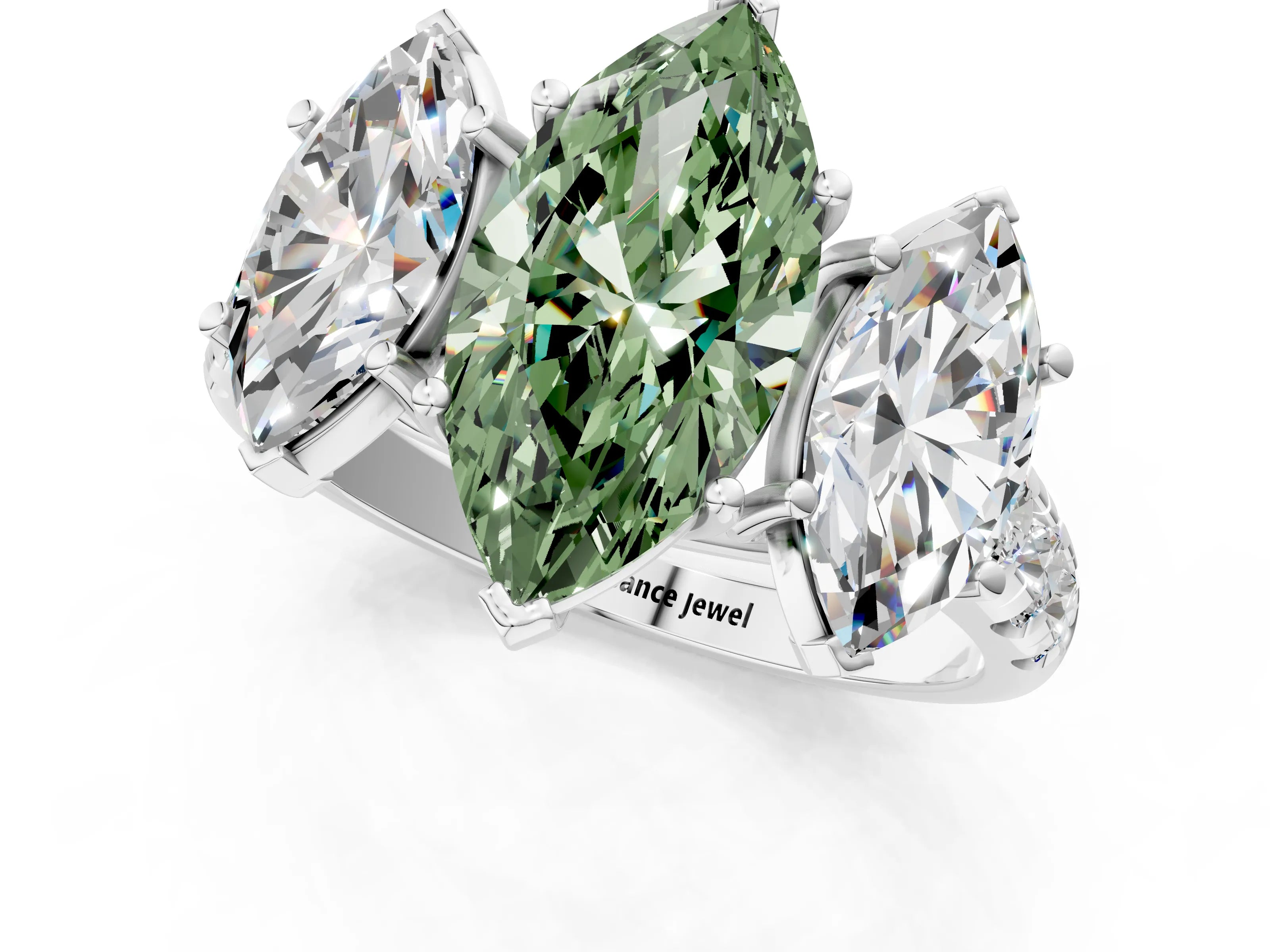 White gold Three-Stone Fancy Green Marquise Cut Diamond Pavé Band with Prong Setting_13