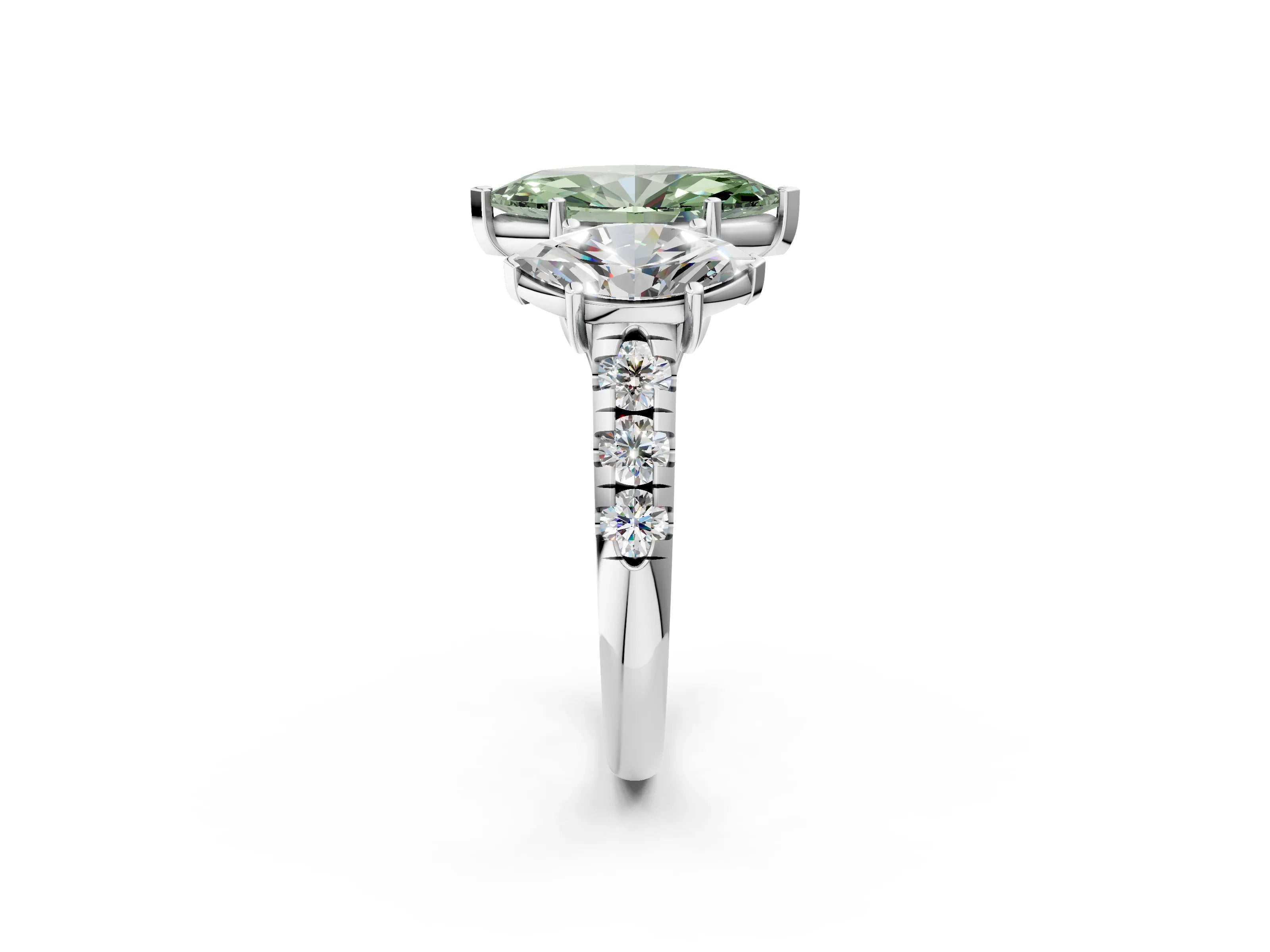 White gold Three-Stone Fancy Green Marquise Cut Diamond Pavé Band with Prong Setting_14