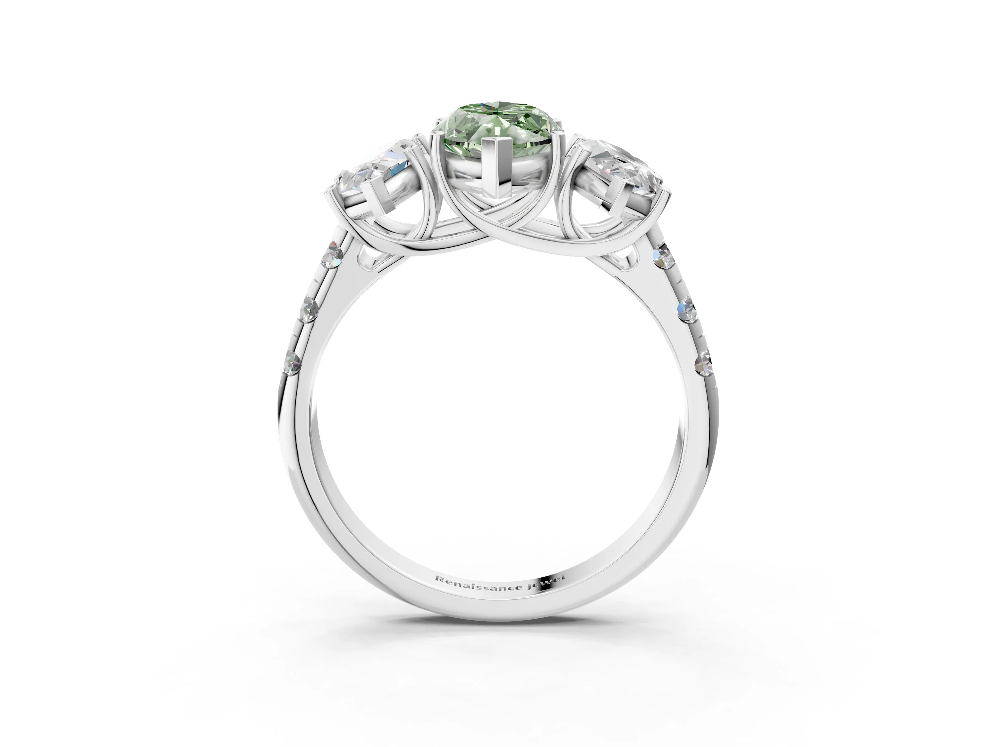White gold Three-Stone Fancy Green Marquise Cut Diamond Pavé Band with Prong Setting_15