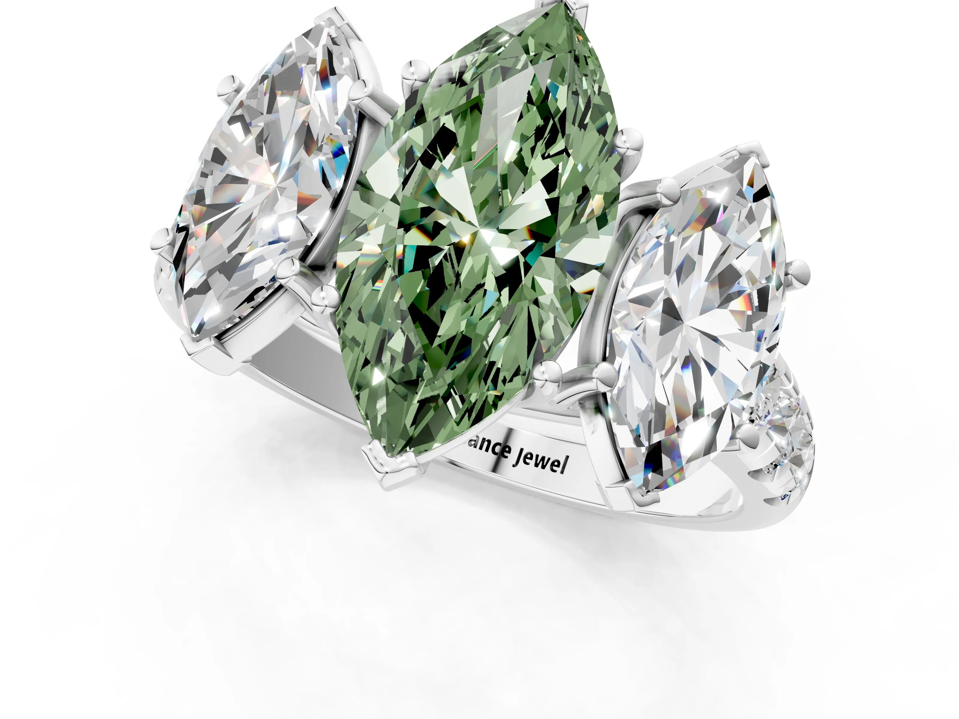 White gold Three-Stone Fancy Green Marquise Cut Diamond Pavé Band with Prong Setting_1