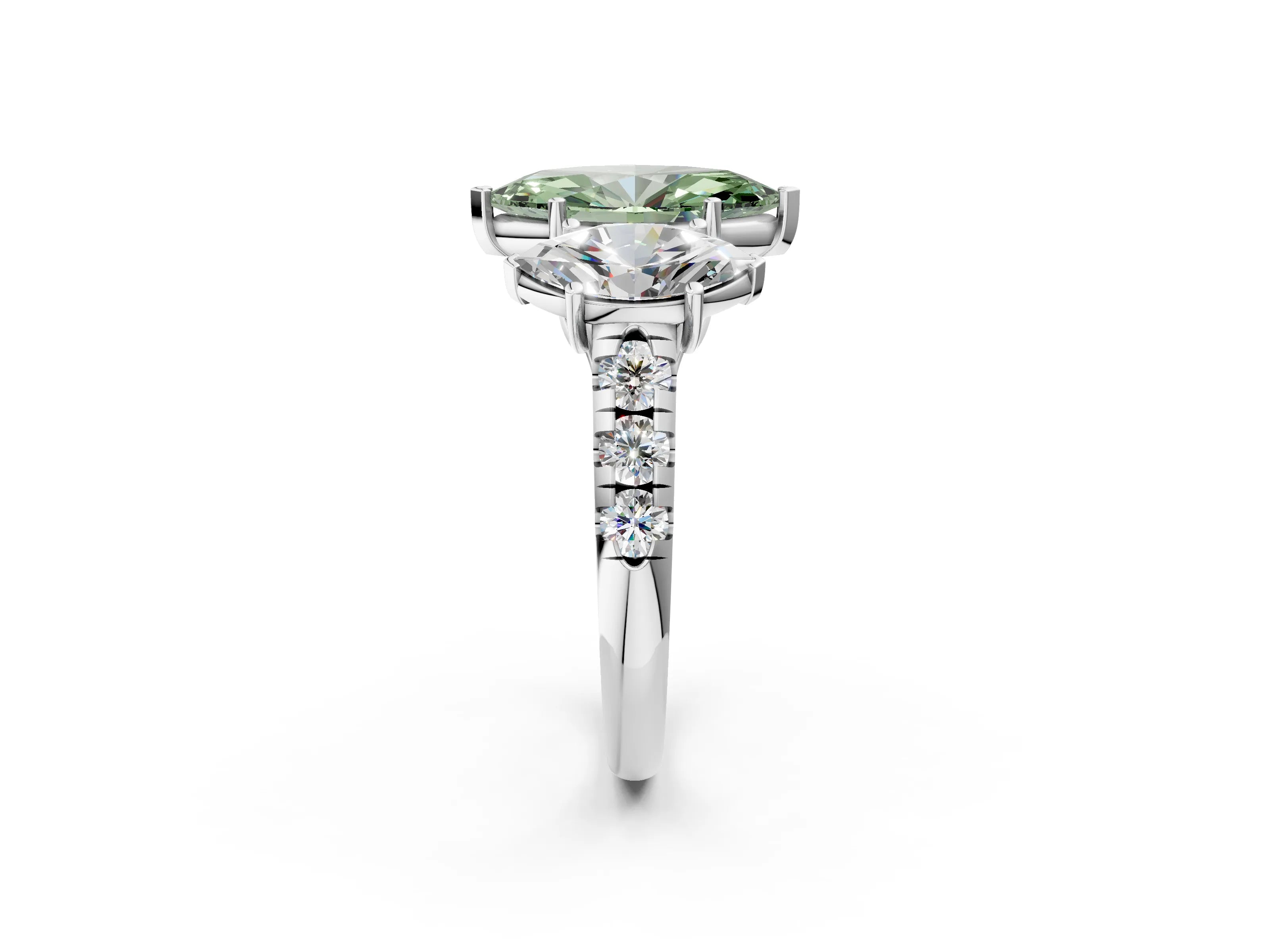 White gold Three-Stone Fancy Green Marquise Cut Diamond Pavé Band with Prong Setting_2