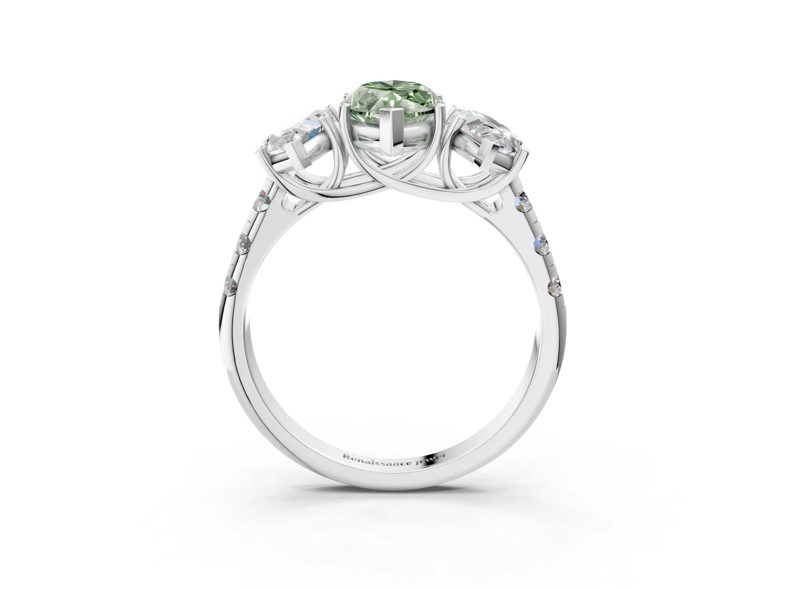 White gold Three-Stone Fancy Green Marquise Cut Diamond Pavé Band with Prong Setting_3