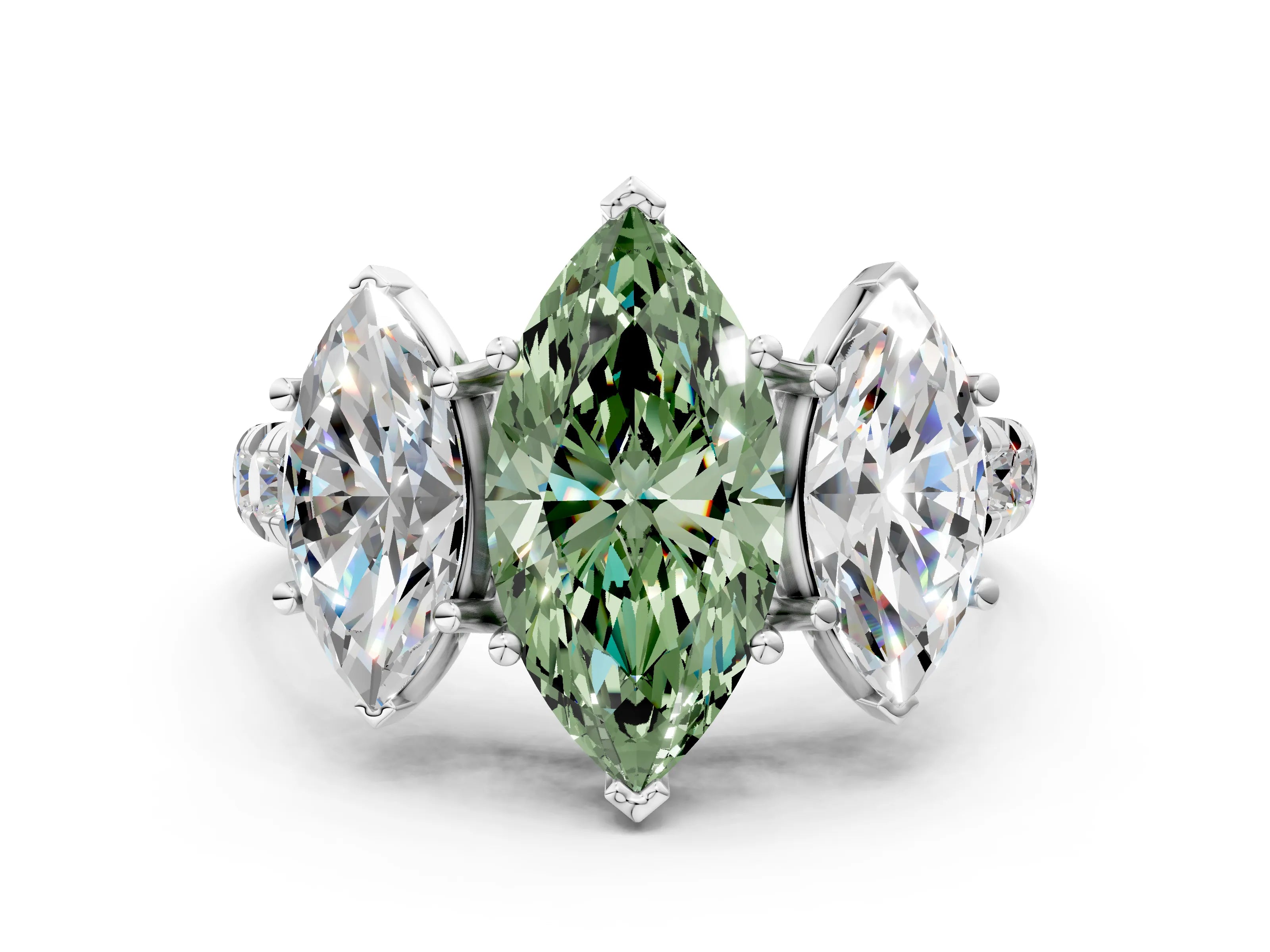 White gold Three-Stone Fancy Green Marquise Cut Diamond Pavé Band with Prong Setting