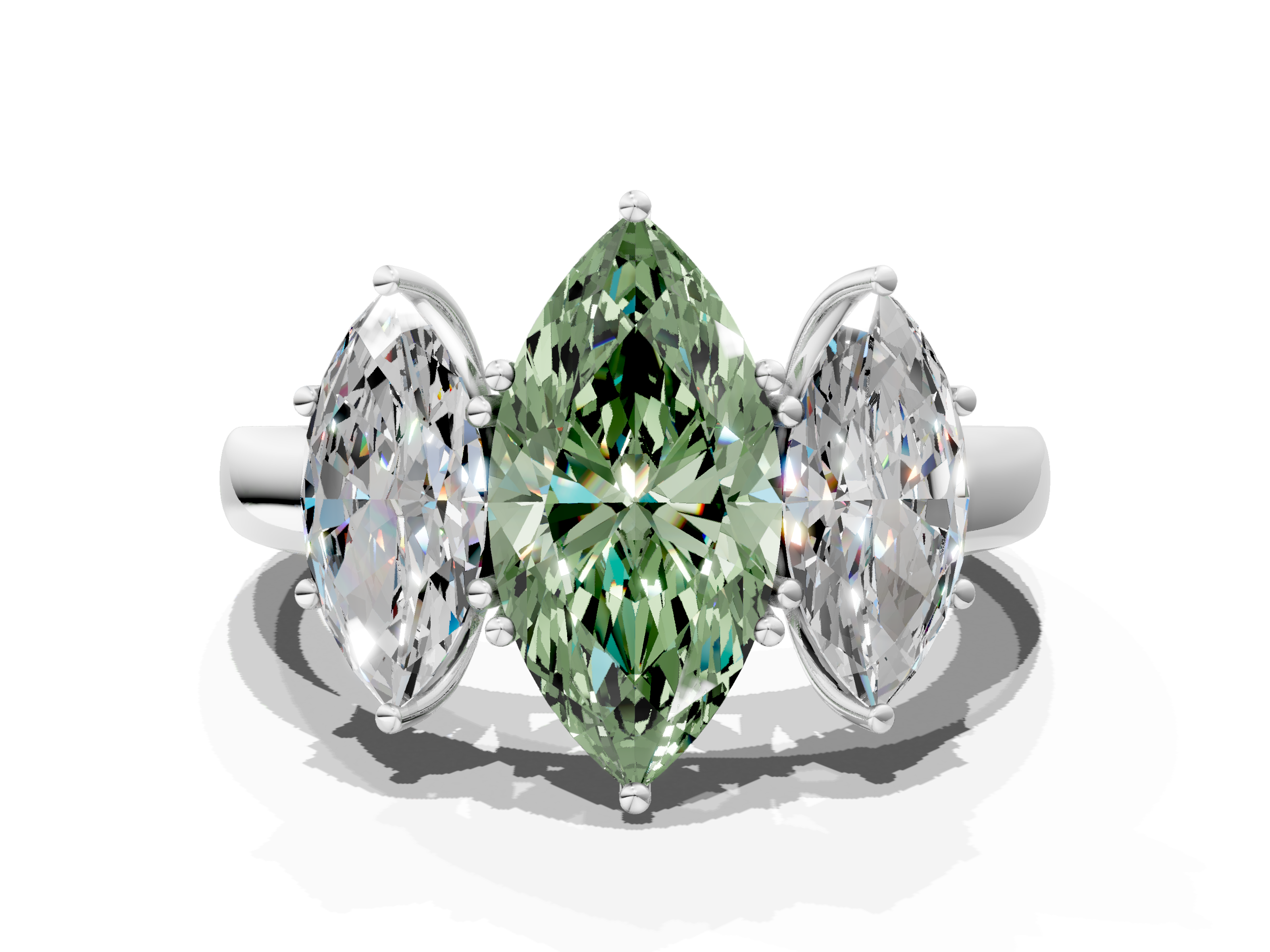 White gold Three-Stone Fancy Green Marquise  Cut Diamond Ring with Channel-Set Band and Four-Prong Setting_32