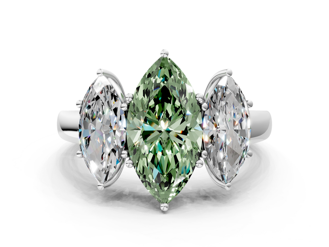White gold Three-Stone Fancy Green Marquise  Cut Diamond Ring with Channel-Set Band and Four-Prong Setting_49