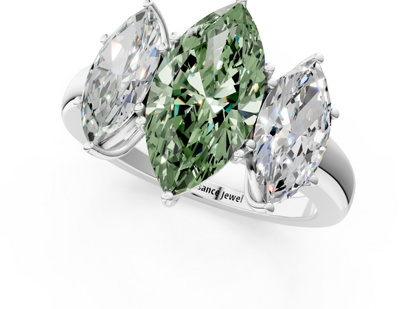 White gold Fancy Green Marquise Cut Diamond Three-Stone Ring with Four-Prong Setting and Classic Band