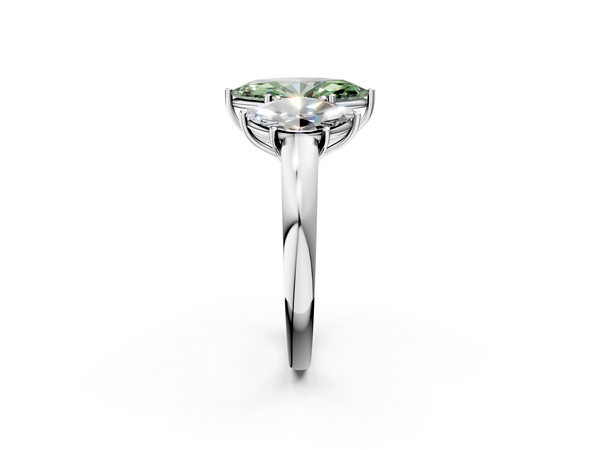 White gold Fancy Green Marquise Cut Diamond Three-Stone Ring with Four-Prong Setting and Classic Band