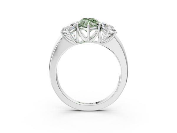 White gold Fancy Green Marquise Cut Diamond Three-Stone Ring with Four-Prong Setting and Classic Band