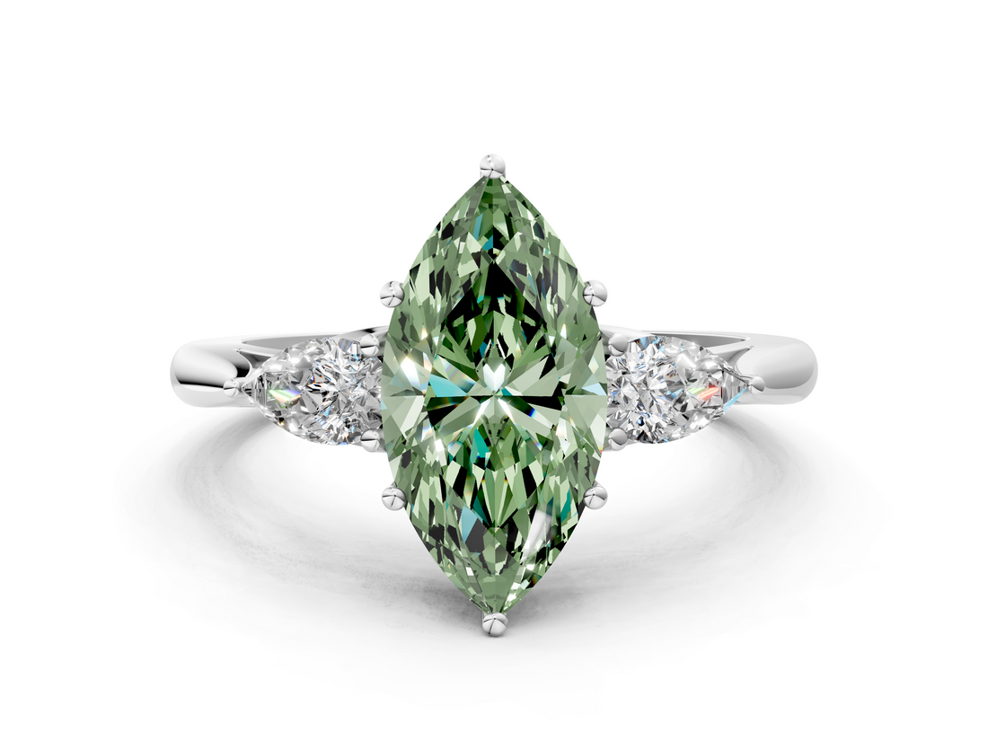 White gold Three-Stone Fancy Green Marquise  Cut Diamond Ring with Pear Side Stones in Four-Prong Setting_110