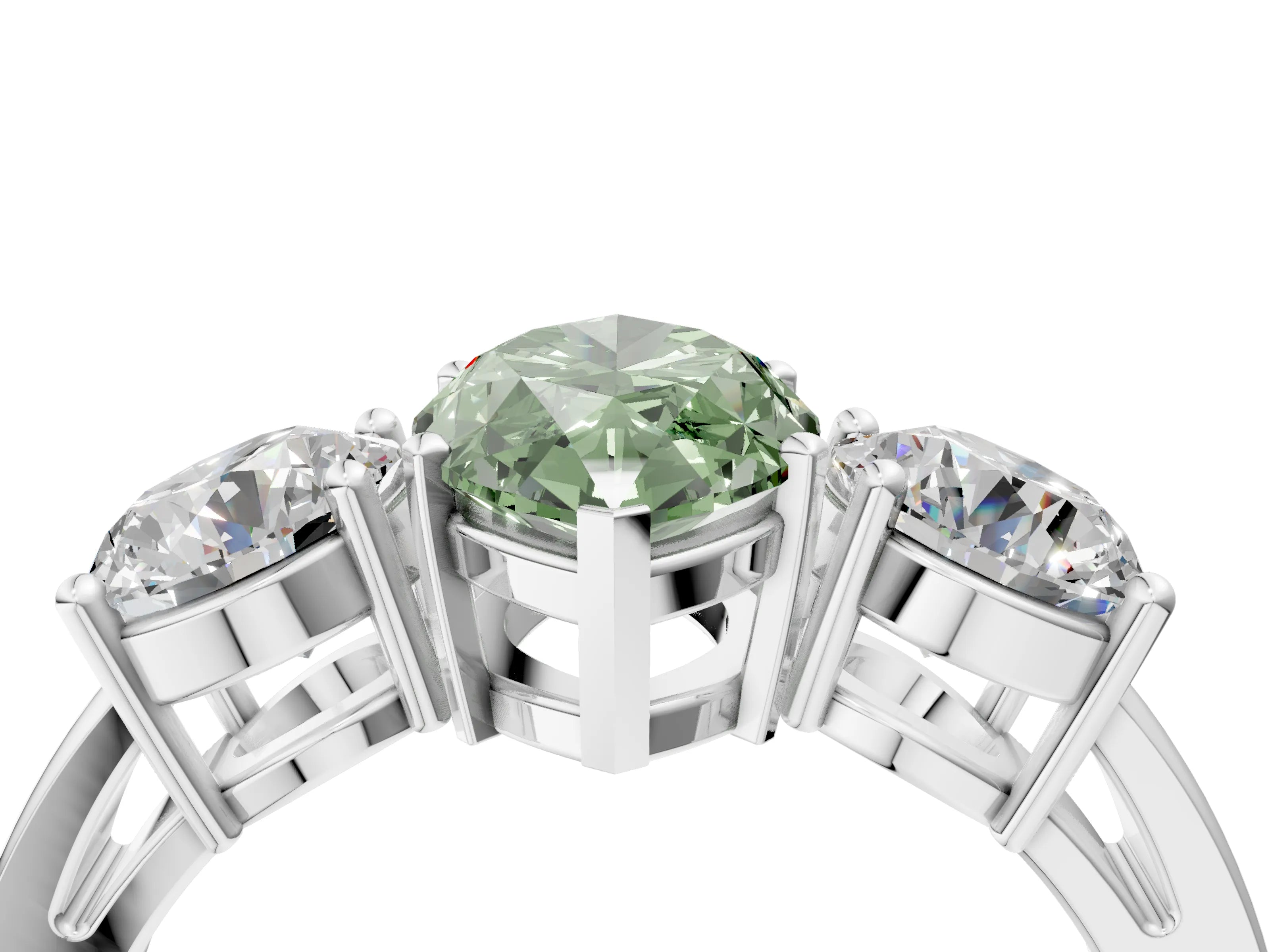 White gold Three-Stone Fancy Green Marquise Cut Diamond Ring with Round Side Stones, Classic Band, and Four-Prong Setting_34