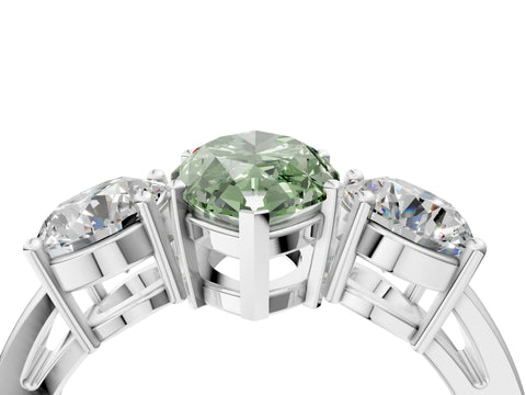 White gold Three-Stone Fancy Green Marquise Cut Diamond Ring with Round Side Stones, Classic Band, and Four-Prong Setting_34