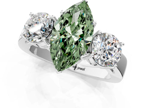 White gold Three-Stone Fancy Green Marquise Cut Diamond Ring with Round Side Stones, Classic Band, and Four-Prong Setting_37