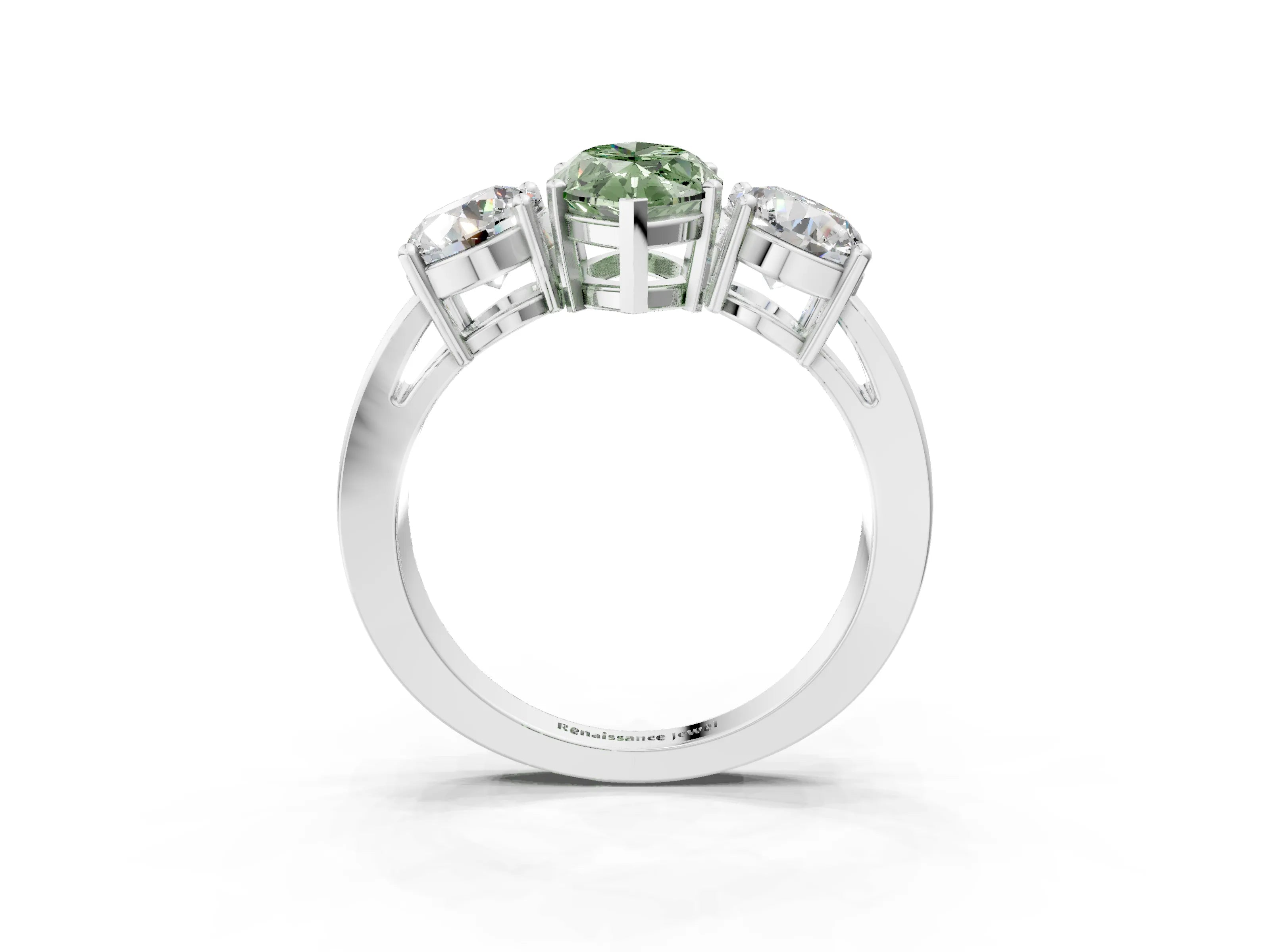 White gold Three-Stone Fancy Green Marquise Cut Diamond Ring with Round Side Stones, Classic Band, and Four-Prong Setting_38