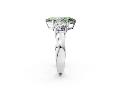 White gold Three-Stone Fancy Green Marquise Cut Diamond Ring with Round Side Stones, Classic Band, and Four-Prong Setting_38