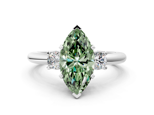 Platinum Three-Stone Fancy Green Marquise  Cut Diamond Solitaire with Prong Setting and Classic Band