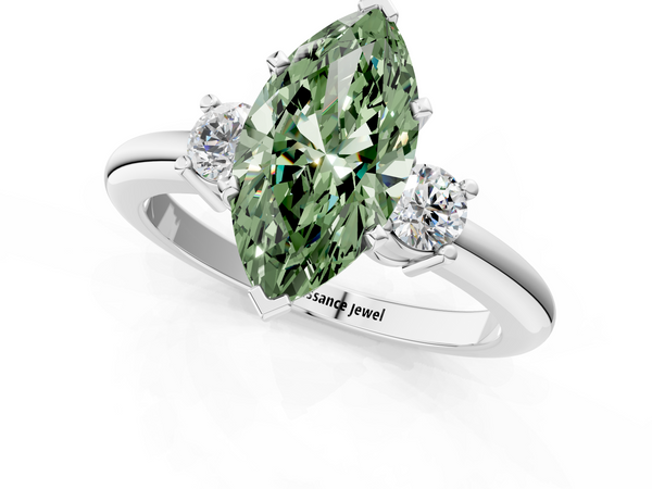 Platinum Three-Stone Fancy Green Marquise  Cut Diamond Solitaire with Prong Setting and Classic Band