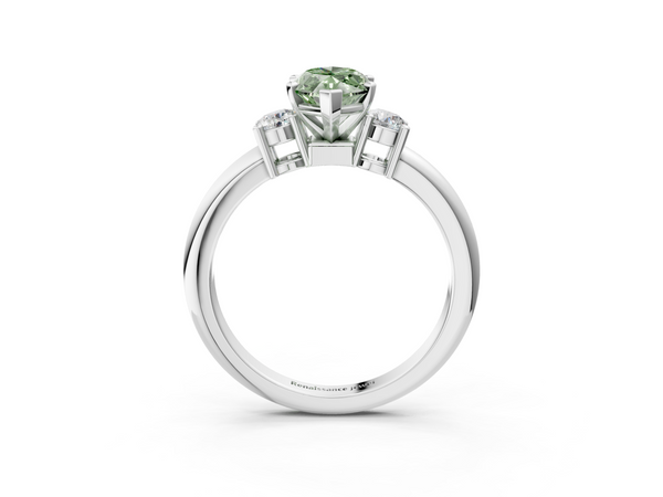 Platinum Three-Stone Fancy Green Marquise  Cut Diamond Solitaire with Prong Setting and Classic Band