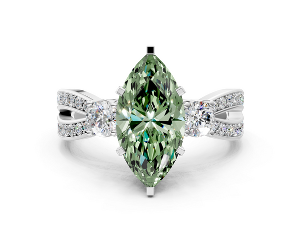 White gold Three-Stone Fancy Green Marquise  Cut Diamond Twist Band with Prong Setting