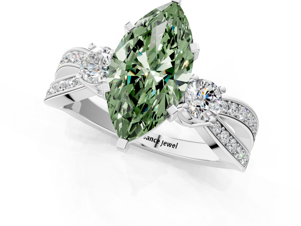 White gold Three-Stone Fancy Green Marquise  Cut Diamond Twist Band with Prong Setting