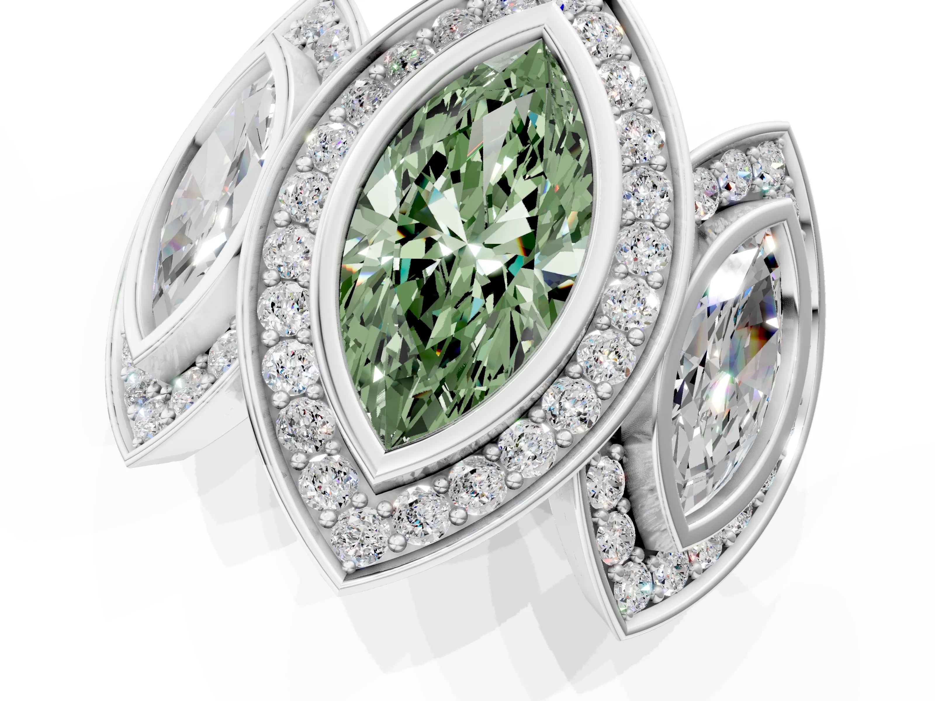 White gold Three-Stone Fancy Green Marquise Cut Halo Pavé Diamond Ring_1