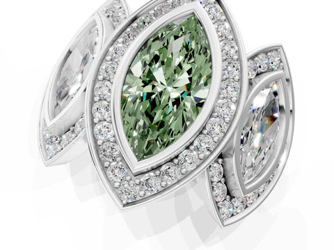 White gold Three-Stone Fancy Green Marquise Cut Halo Pavé Diamond Ring_1