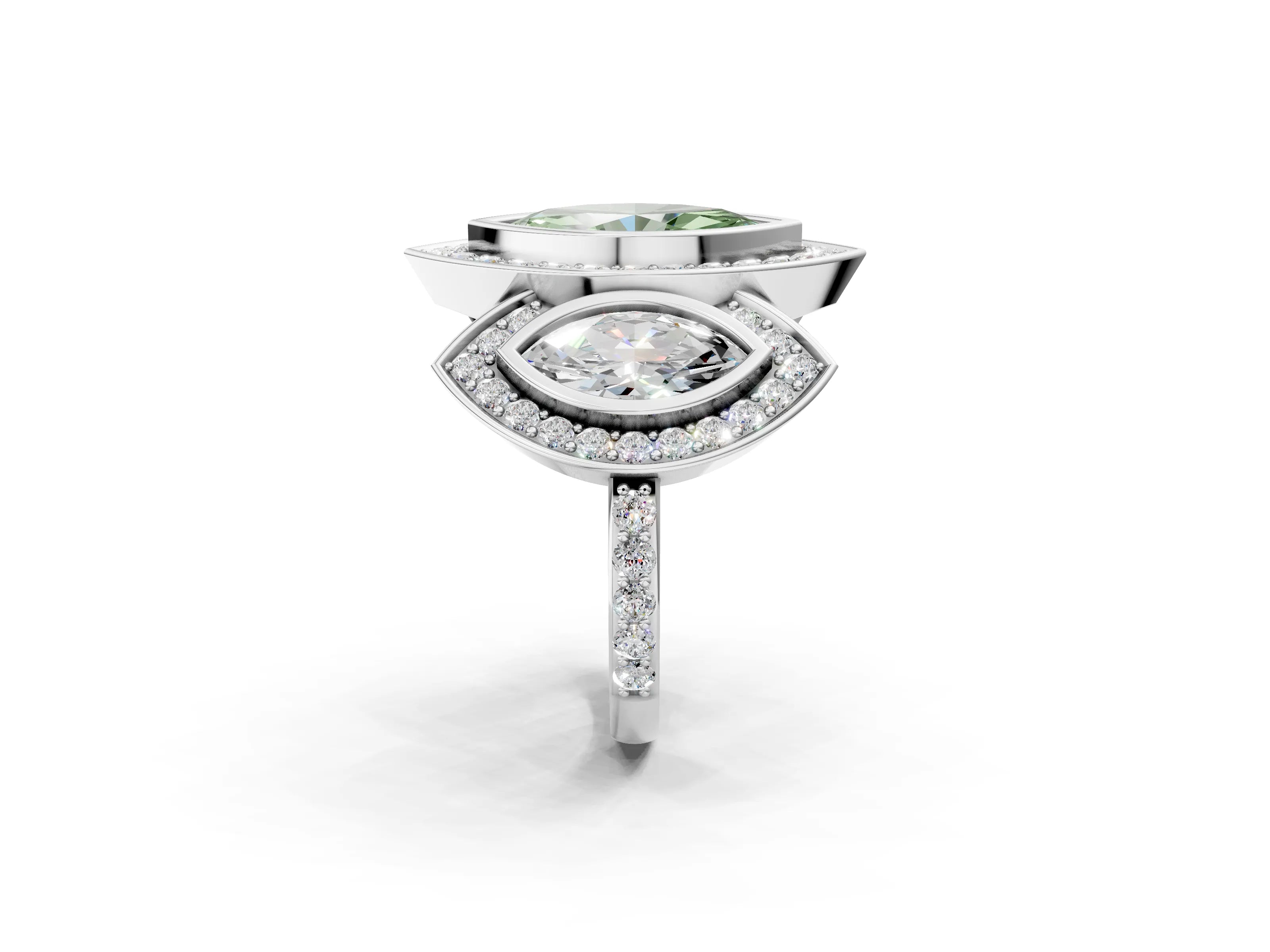 White gold Three-Stone Fancy Green Marquise Cut Halo Pavé Diamond Ring_2