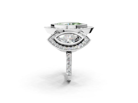 White gold Three-Stone Fancy Green Marquise Cut Halo Pavé Diamond Ring_2