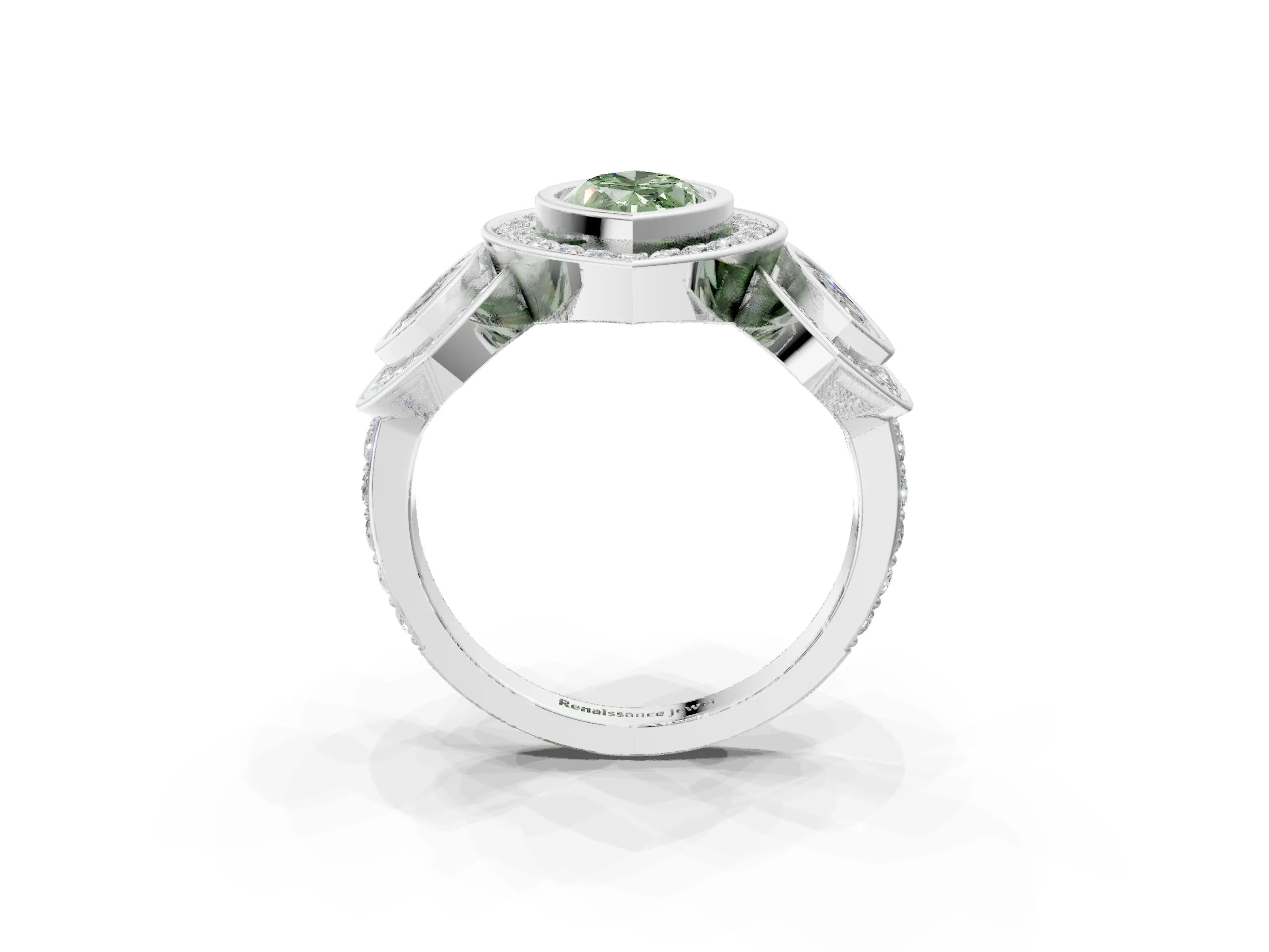 White gold Three-Stone Fancy Green Marquise Cut Halo Pavé Diamond Ring_3