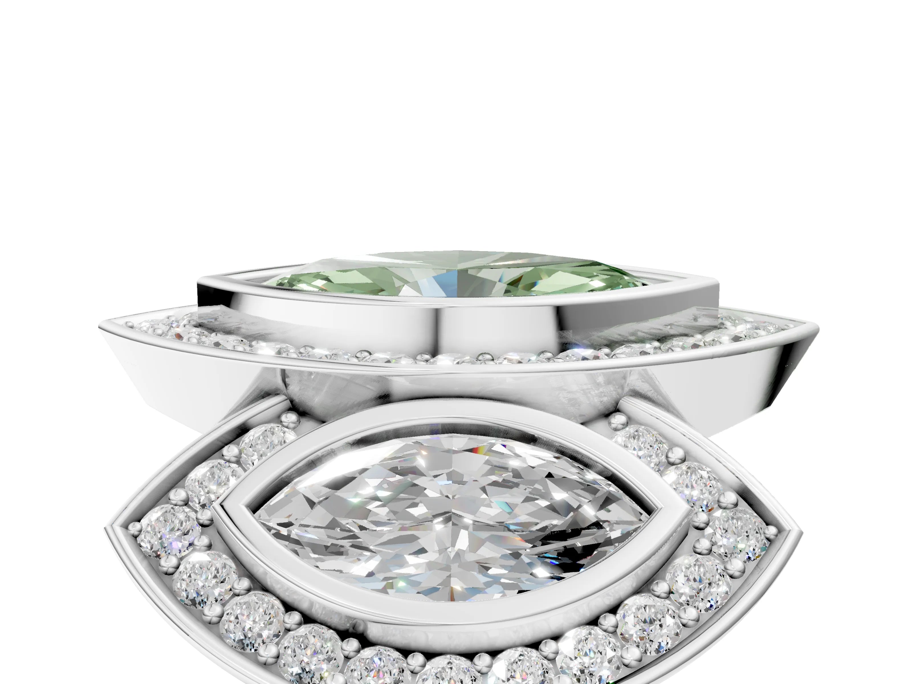 White gold Three-Stone Fancy Green Marquise Cut Halo Pavé Diamond Ring_5