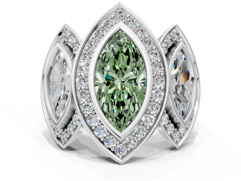 White gold Three-Stone Fancy Green Marquise Cut Halo Pavé Diamond Ring