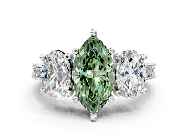 White gold Three-Stone Fancy Green Marquise  Diamond Milgrain Pave Band with Prong Setting