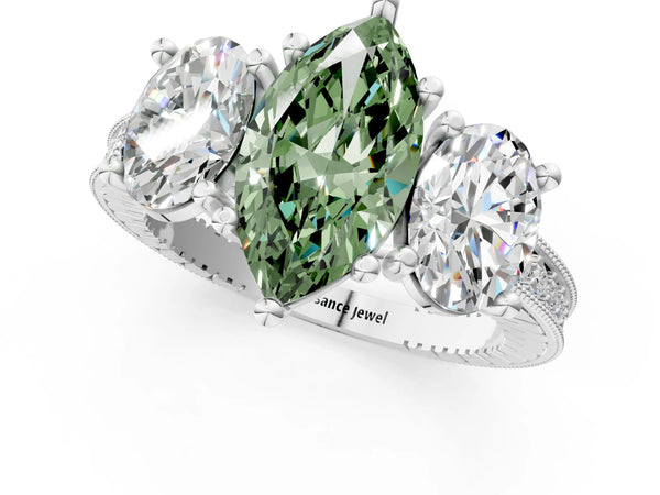 White gold Three-Stone Fancy Green Marquise  Diamond Milgrain Pave Band with Prong Setting