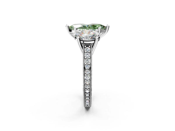 White gold Three-Stone Fancy Green Marquise  Diamond Milgrain Pave Band with Prong Setting
