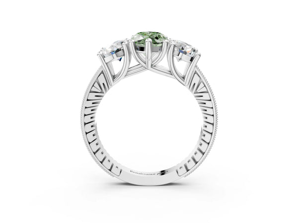 White gold Three-Stone Fancy Green Marquise  Diamond Milgrain Pave Band with Prong Setting